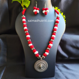 Red Cotton Bead Silver Necklace