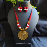 Red Cotton Bead Golden Necklace
