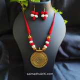 Red Cotton Bead Golden Necklace