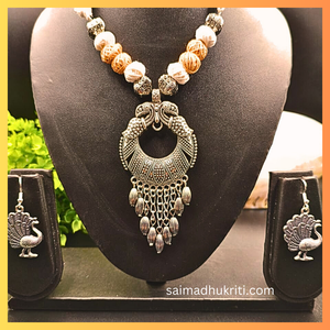 Beige Cotton bead Silver Necklace