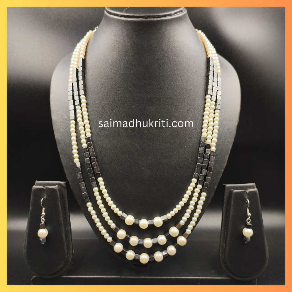 Triple Layered Pearl & Metal Bead Necklace