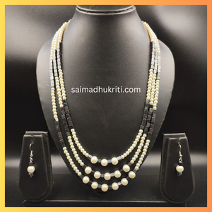Triple Layered Pearl & Metal Bead Necklace