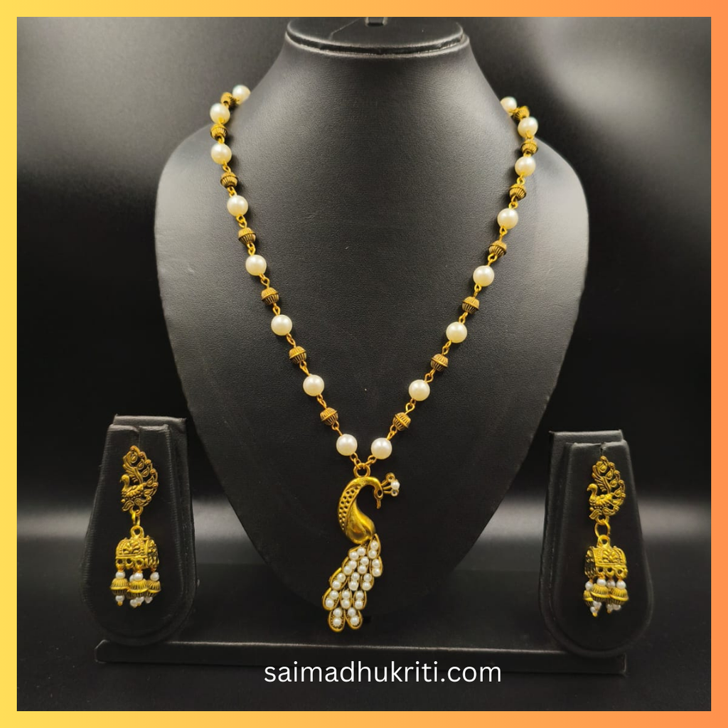 Golden & Pearl Beads Peacock Pendent Necklace