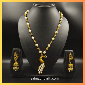 Golden & Pearl Beads Peacock Pendent Necklace