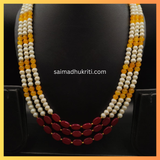 Triple Layered Yellow, Red & Pearl Necklace