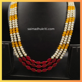 Triple Layered Yellow, Red & Pearl Necklace