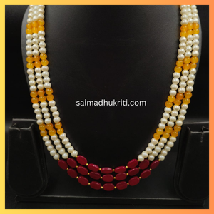 Triple Layered Yellow, Red & Pearl Necklace