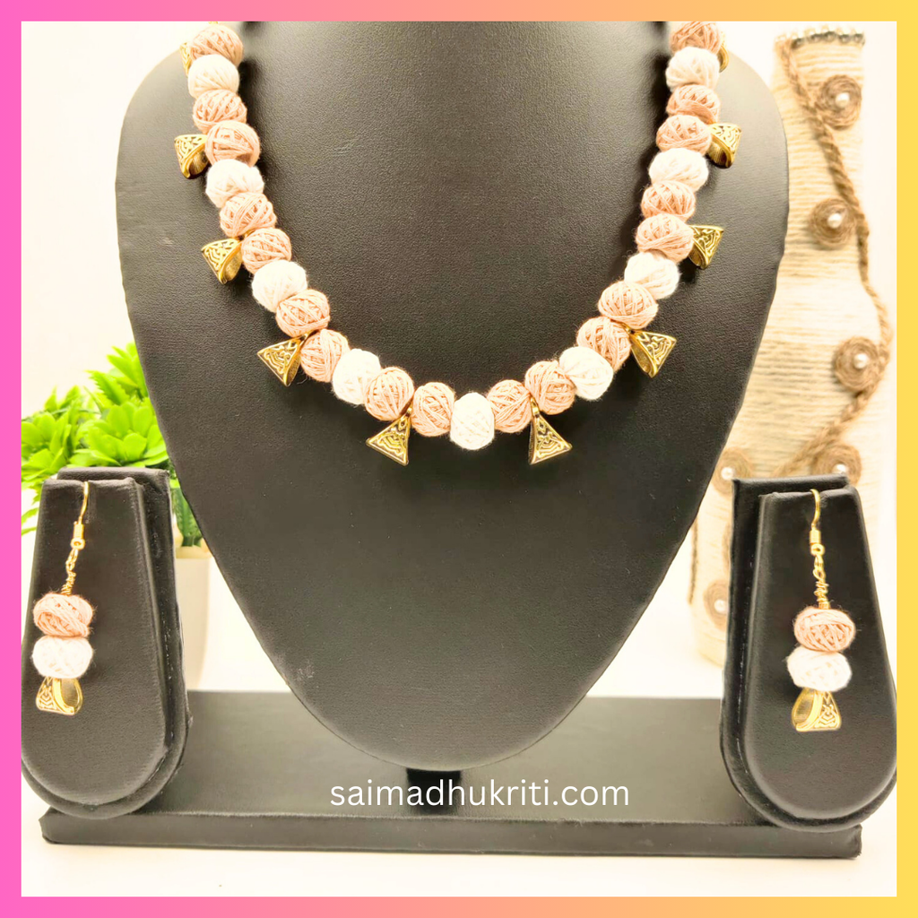 Beige Golden Cotton Beads Necklace