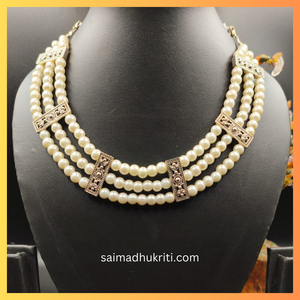Pearl Triple Layer Necklace with Oxidized Connectors