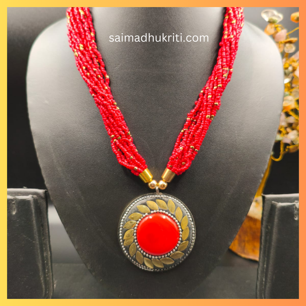 Red Seed Bead Necklace with Pendent