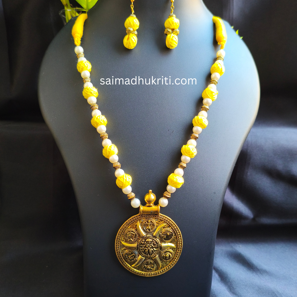 Yellow Cotton Bead Golden Necklace