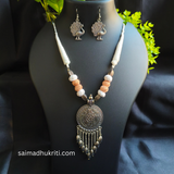 Beige Cotton bead Silver Necklace