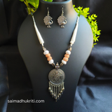 Beige Cotton bead Silver Necklace