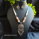 Beige Cotton bead Silver Necklace