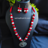 Red Cotton Bead Silver Necklace
