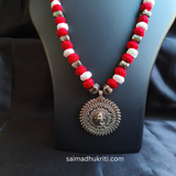 Red Cotton Bead Silver Necklace